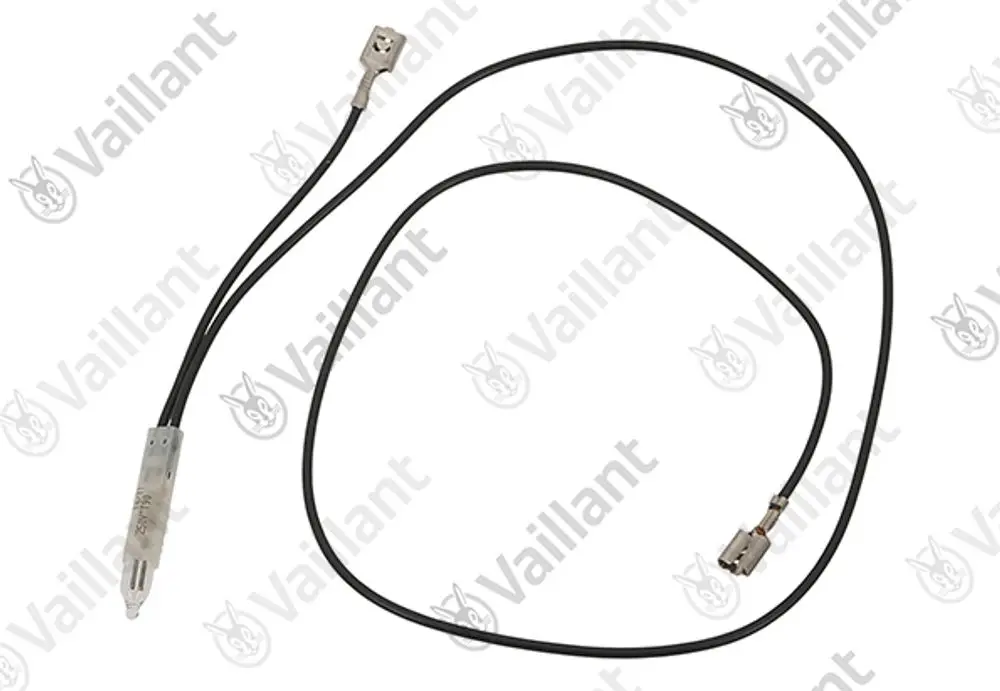 Vaillant Glimmlampe mit zwei Anschlusskabeln, einem Ende mit metallischem Stecker und einem anderen Ende mit einer transparenten Halterung.